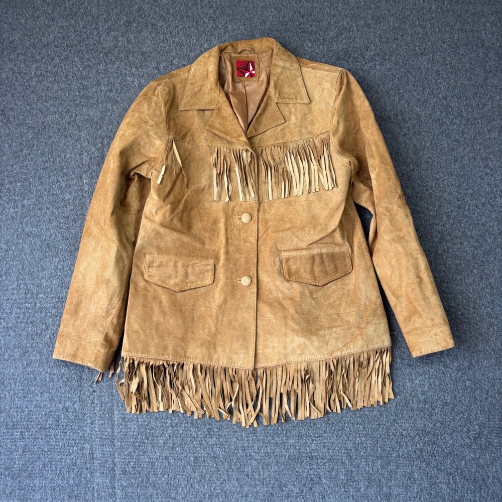 Vintage Tan Suede Leather Fringe Western Jacket Women Medium Brown Cowgirl